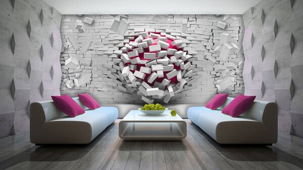 Fototapeta - 3D loptu a biela tehlová stena (152,5x104 cm)
