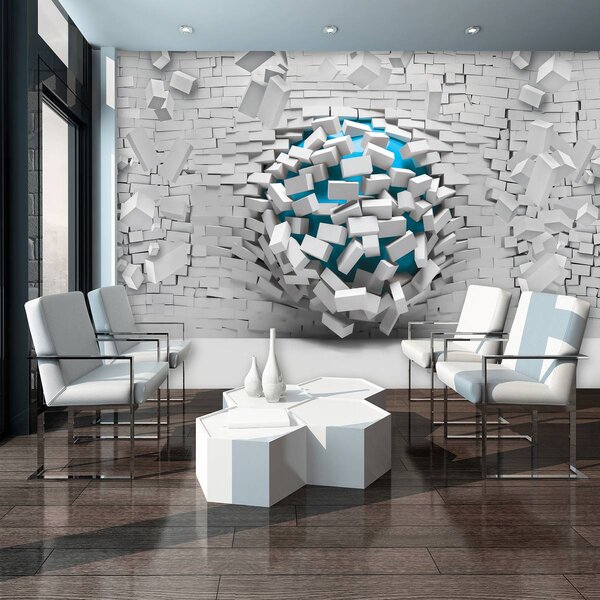 Fototapeta - 3D modrá lopta a biela tehlová stena (152,5x104 cm)