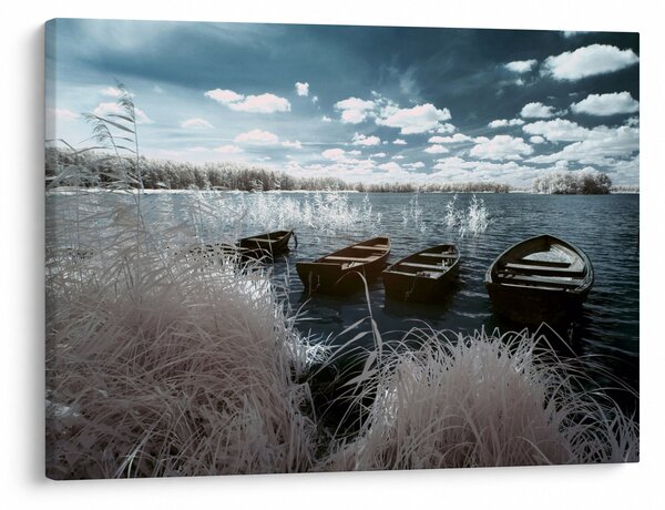 Obraz - Drevené loďky na jazere (70x50 cm)