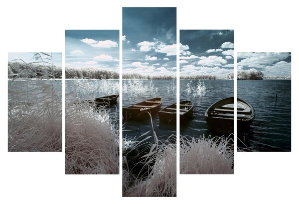 Obraz - Drevené loďky na jazere (150x105 cm)