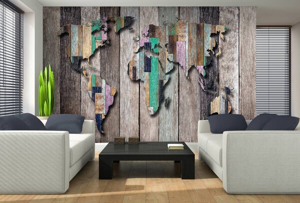 Fototapeta - Mapa sveta na farebných doskách (152,5x104 cm)