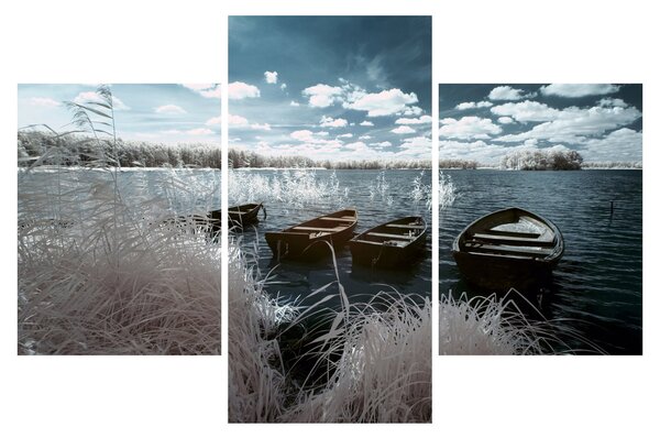 Obraz - Drevené loďky na jazere (90x60 cm)