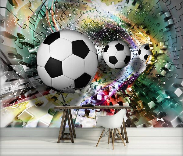 Fototapeta - Futbalové lopty v 3D puzzle tuneli (152,5x104 cm)