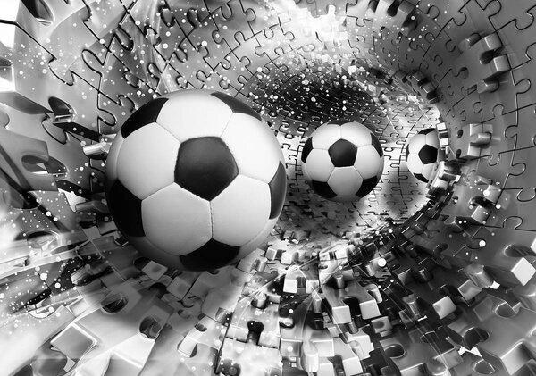 Fototapeta - Futbalové lopty v 3D puzzle tuneli (152,5x104 cm)