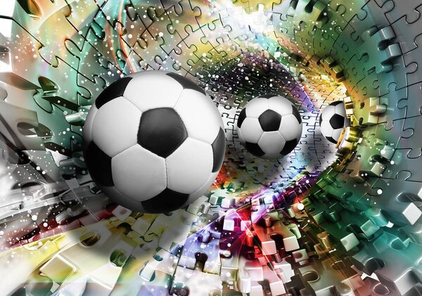 Fototapeta - Futbalové lopty v 3D puzzle tuneli (152,5x104 cm)