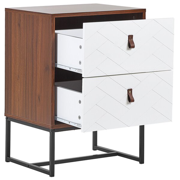 Nočný stolík tmavé drevo biela MDF kov 69 x 49 x 38 cm 2 zásuvky úložný priestor moderný štýl spálňa