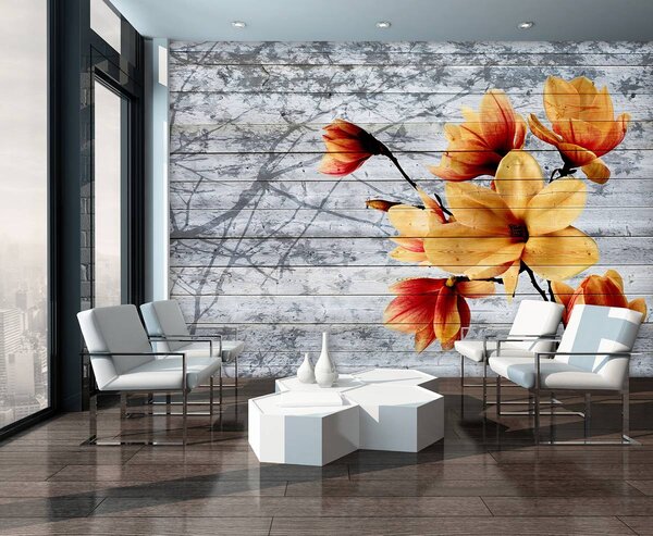 Fototapeta - Oranžové kvety na drevených doskách (152,5x104 cm)