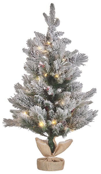 Umelý vianočný stromček zelený syntetický 90 cm podsvietený snehom matné vločkované konáre LED rozprávkové svetlá šišky jutová taška sviatky
