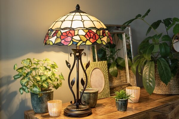 Stolná lampa Tiffany s ružami Rosalin - Ø 35*61 cm 2x E27/60W - Clayre & Eef