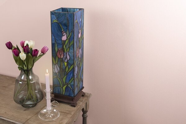 Modrá hranatá stolná lampa Tiffany s tulipánmi Toulipp - 24*58.5 cm/ 1*60W - Clayre & Eef