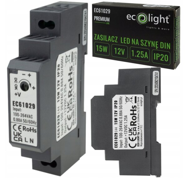 BERGE Napájanie na DIN lištu - 12V 15W 0,88A pre IP20 PREMIUM LED pásik
