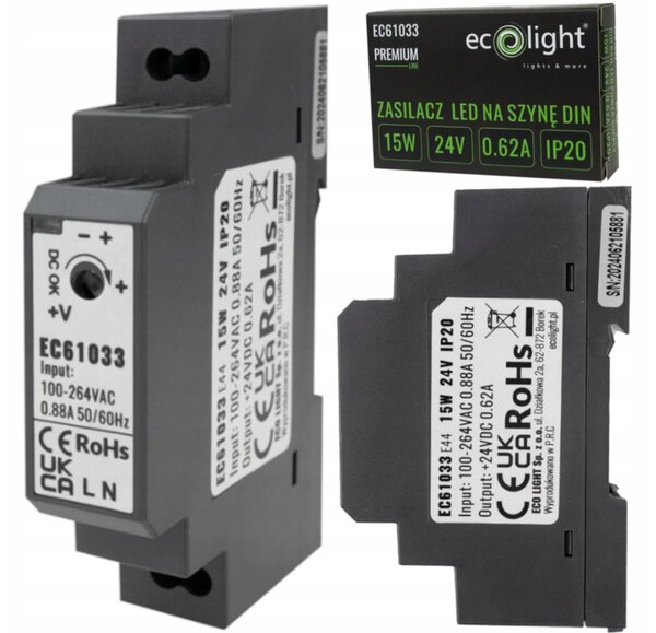 BERGE Napájanie na DIN lištu - 24V 15W 0,62A pre IP20 PREMIUM LED pásik