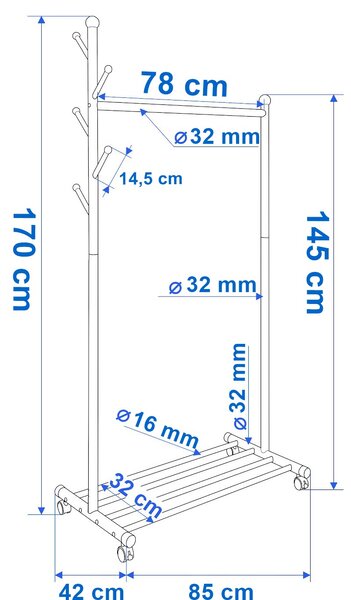 ViaDomo Via Domo - Pojazdný kovový vešiak s botníkom Libellula - biela - 85x170x42 cm