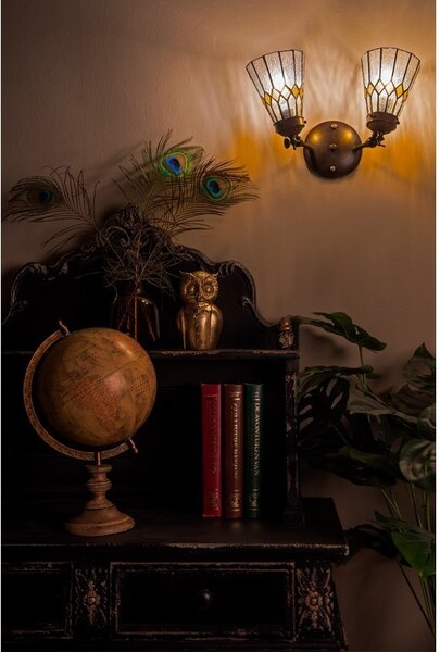 Nástenná Tiffany lampa 2 tienidlá žlté detaily Yello - 30*23*23 cm E14/max 2*25W - Clayre & Eef