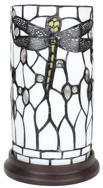 Biela valcovitá stolná lampa Tiffany s vážkou DragonFly - Ø 15*26 cm E14/max 1*40W - Clayre & Eef