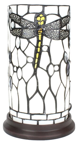 Biela valcovitá stolná lampa Tiffany s vážkou DragonFly - Ø 15*26 cm E14/max 1*40W - Clayre & Eef