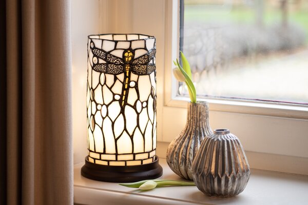 Biela valcovitá stolná lampa Tiffany s vážkou DragonFly - Ø 15*26 cm E14/max 1*40W - Clayre & Eef