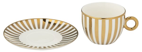 2ks bielo-zlatá pruhovaná šálka s tanierikom v krabičke - 15*9*8cm / 230 ml - J-Line by Jolipa
