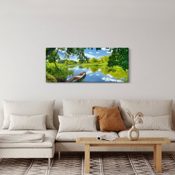 Obraz letné rieky s loďkou (120x50 cm)