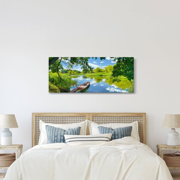 Obraz letné rieky s loďkou (120x50 cm)