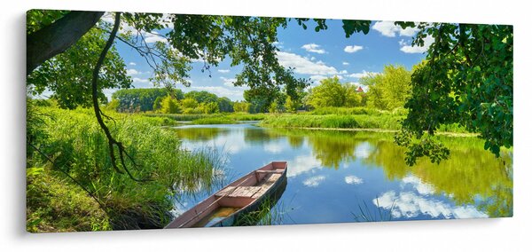 Obraz letné rieky s loďkou (120x50 cm)