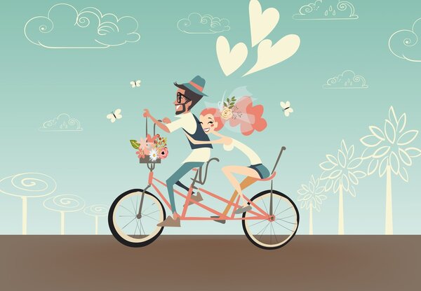Fototapeta - Zamilovaný pár na bicykli (147x102 cm)