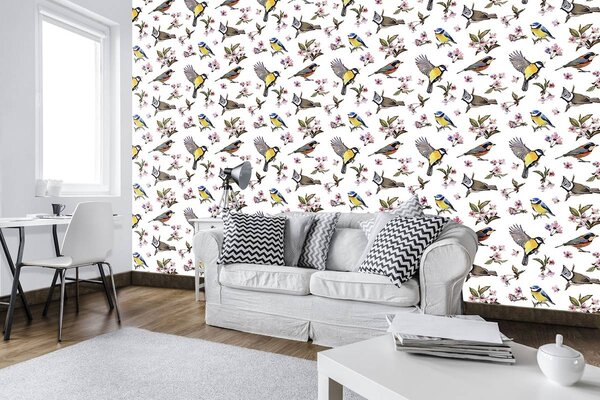 Fototapeta - Vtáčiky a kvetinový vzor (152,5x104 cm)