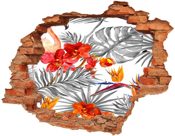 Nálepka 3D diera na stenu betón Plameniaky a kvety