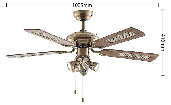Lindby Stropný ventilátor s osvetlením Anariki, tichý, z mosadze, Mosadz / zlato, Obývacia izba / jedáleň, kov, Vidiecky / Rustikálny