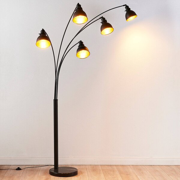 Stojacia lampa Lindby Lira, 5 svetiel, výška 205 cm, čierna, zlatá, Čierna, Obývacia izba / jedáleň, kov, Moderný, Oblúková stojaca lampa