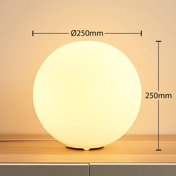 Stolná lampa Lindby Rhona, biela, opálové sklo, Ø 25 cm, E27, Biela / opálová, Obývacia izba / jedáleň, Sklo, Moderný, Stolová lampa