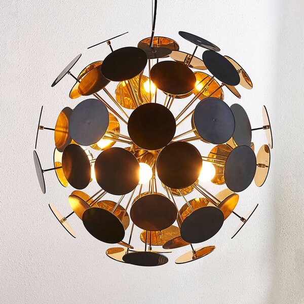 Závesná lampa Lindby Kinan, Ø 54 cm, čierna, zlatá, kov, Čierna, Obývacia izba / jedáleň, Plast, Moderný, Závesné svietidlo