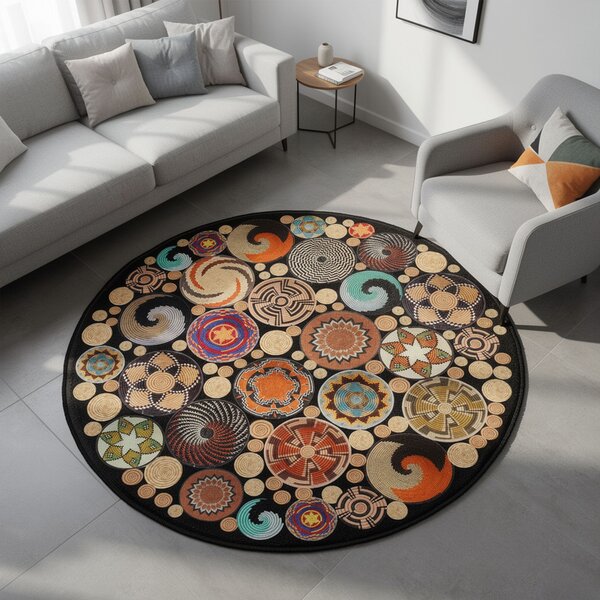 ASIR Kulatý koberec (90 cm) HMNT971 černý – mandaly a ornamenty