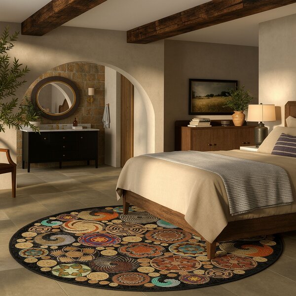 ASIR Kulatý koberec (90 cm) HMNT971 černý – mandaly a ornamenty