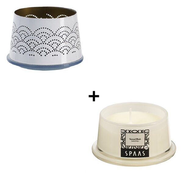 SPAAS Súprava Tienidlo biele vzor LACE + Sviečka v skle RELAX-RELIEVE