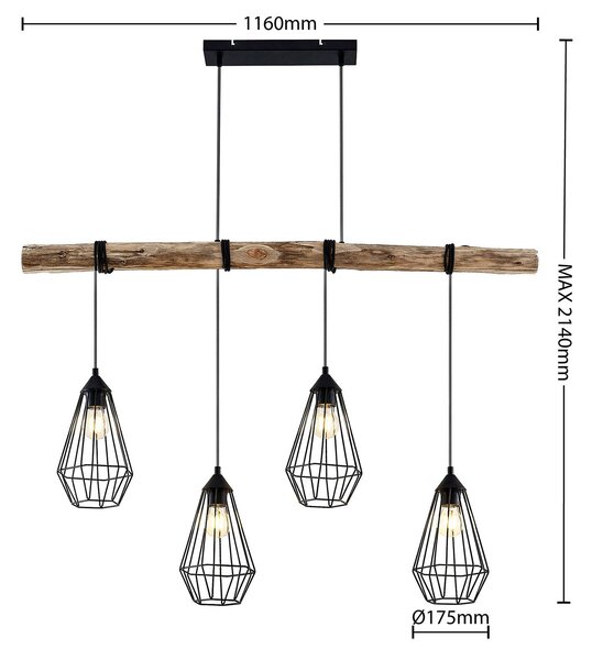 Závesné svietidlo Lindby Eldarion, 116 cm, 4 svetlá, drevo, E27, Svetlé drevo, Obývacia izba / jedáleň, kov, Vidiecky / Rustikálny, Závesné svietidlo