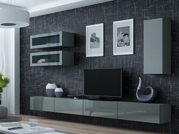 Obývacia stena s LED modrým osvetlením ASHTON 11 - šedá / lesklá šedá
