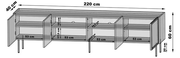 RTV skrinka Dunari 220 cm s kovovými nohami - dub dunin