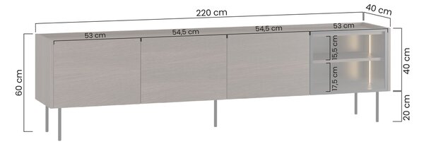 RTV skrinka Dunari 220 cm s kovovými nohami - dub dunin