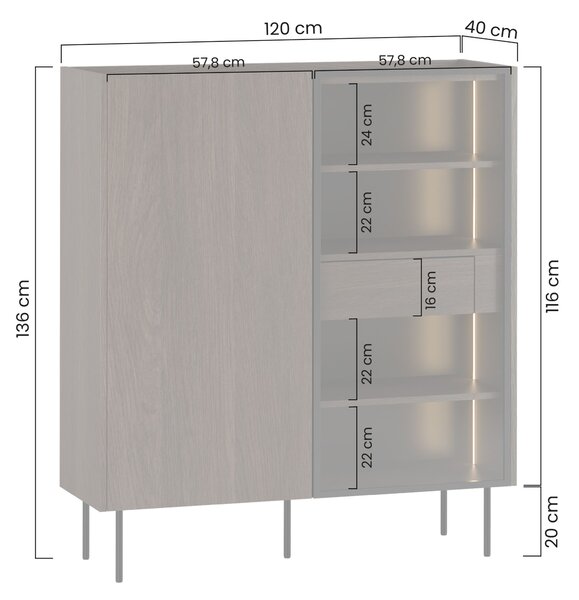Dvojdverová vitrína Dunari 120 cm s ukrytými zásuvkami - dub dunin