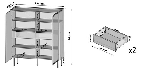 Dvojdverová vitrína Dunari 120 cm s ukrytými zásuvkami - dub dunin