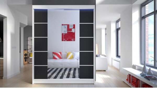 Zrkadlová šatníková skriňa 150 cm s posuvnými dverami a LED osvetlením PIRITU 5 - biela / čierna