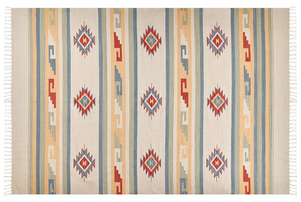 Kelímový koberec viacfarebný bavlna 200 x 300 cm ručne tkaný geometrický vzor obojstranný so strapcami obývacia izba spálňa