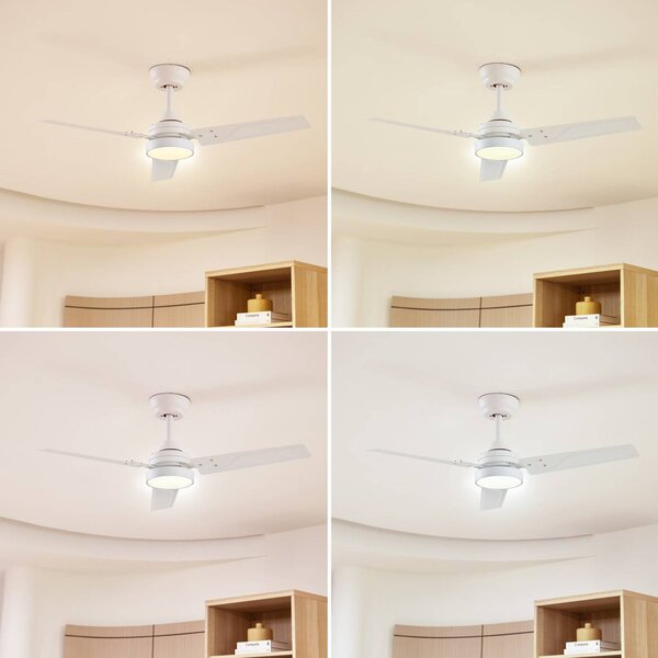 Lindby Stropný ventilátor Aerallo s LED osvetlením, biely, tichý, Biela / opálová, Obývacia izba / jedáleň, kov, Moderný