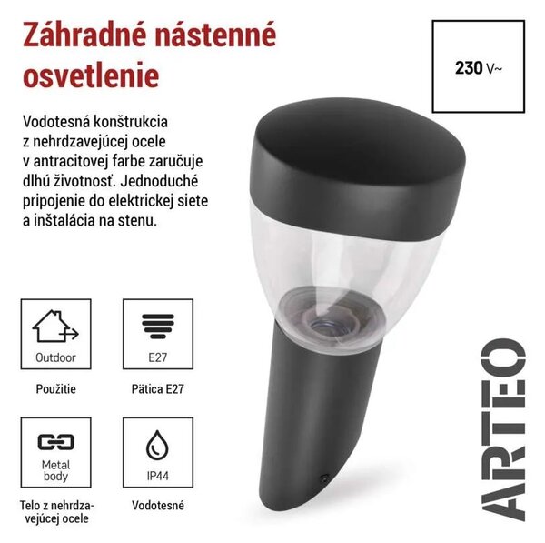 Záhradné nástenné svietidlo ARTEO, antracit, E27, IP44 (ZGA020P)