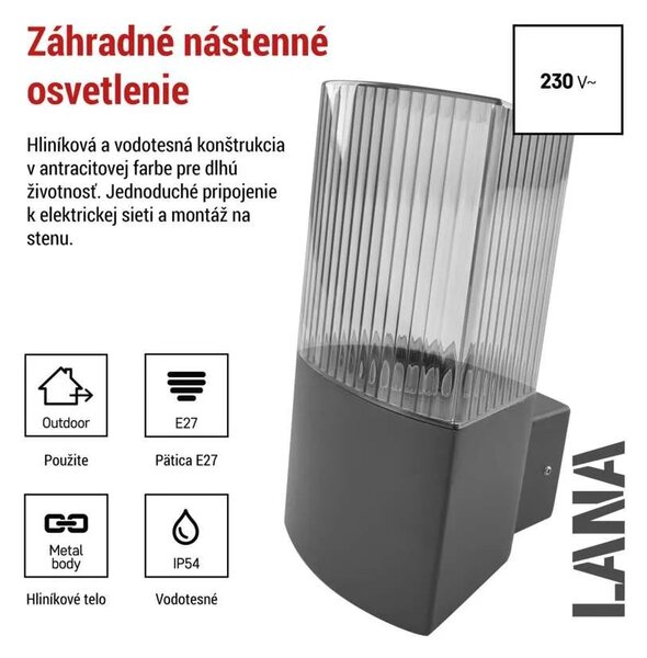 Záhradné nástenné svietidlo LANA, antracit, E27, IP54 (ZGL010P)