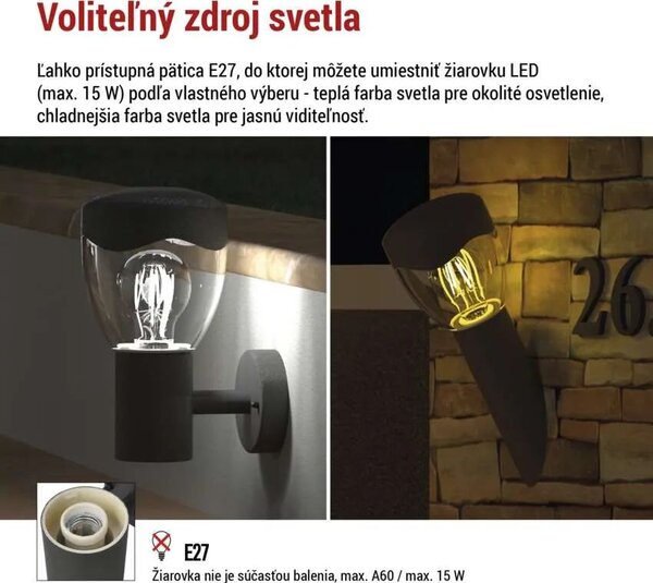 Záhradné nástenné svietidlo ARTEO, antracit, E27, IP44 (ZGA020P)