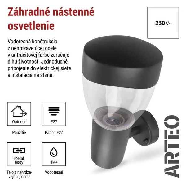 Záhradné nástenné svietidlo ARTEO, antracit, E27, IP44 (ZGA010P)
