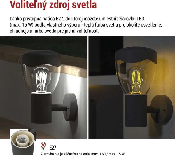 Záhradné nástenné svietidlo ARTEO, antracit, E27, IP44 (ZGA010P)