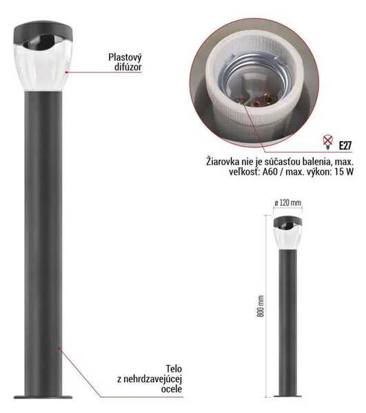 Záhradné stĺpikové svietidlo ARTEO, 80cm, antracit, E27, IP44 (ZGA0C0P)
